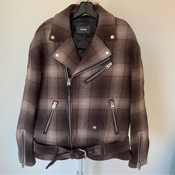 Mackage Men’s Clement Brown Plaid Wool Biker Motorcycle Jacket EUC Size 38/M - Picture 4 of 12